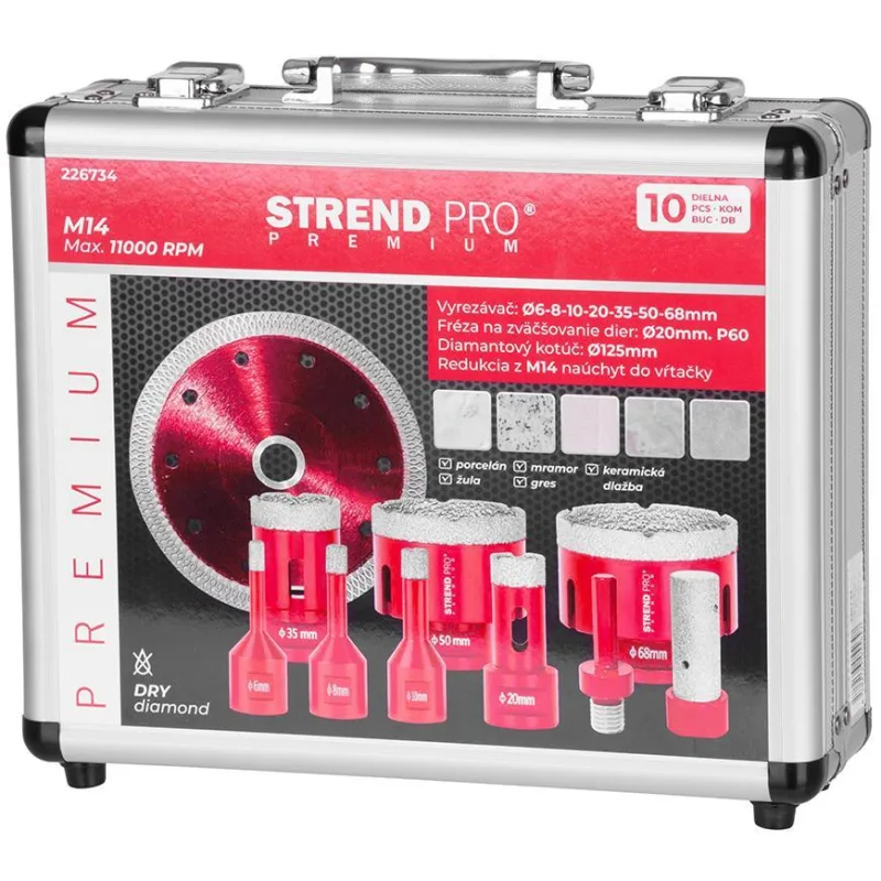 Sada vyrezávačov Strend Pro Premium, 6–68 mm, M14, diamantové korunky