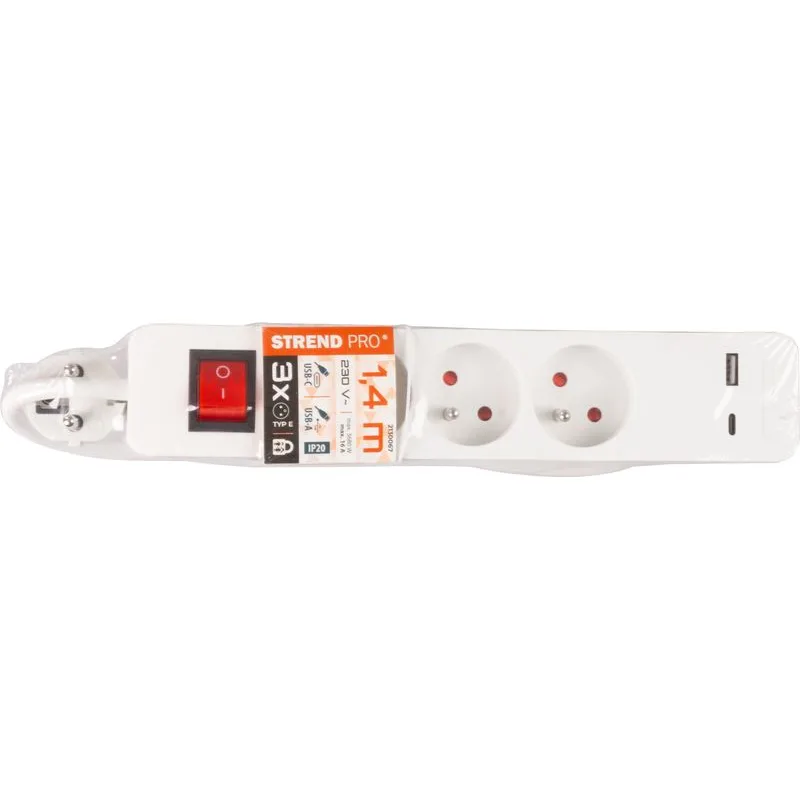 Predlžovací kábel LG-FB603K, 1,4 m, 3× zásuvka + vypínač, USB A/C