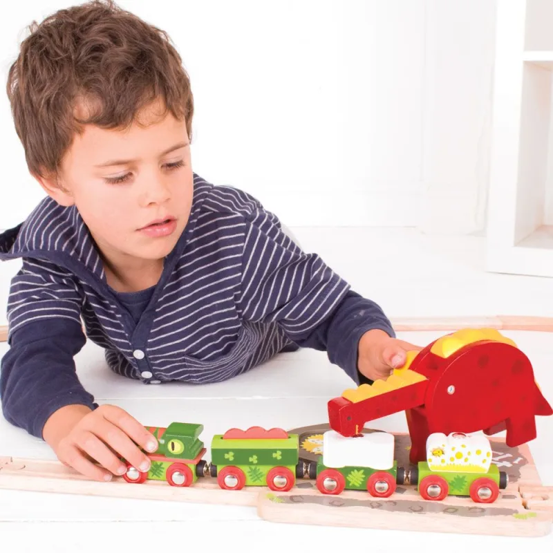 Bigjigs Rail Drevené vláčiky - Žeriav s dinosaurom
