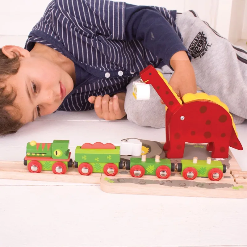 Bigjigs Rail Drevené vláčiky - Žeriav s dinosaurom