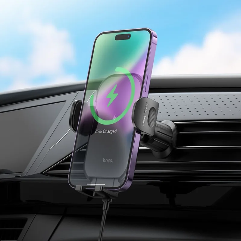 Držiak na mobil do auta Hoco s bezdrôtovým nabíjaním 15W Farba: Čierna