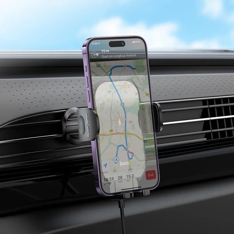 Držiak na mobil do auta Hoco s bezdrôtovým nabíjaním 15W Farba: Čierna