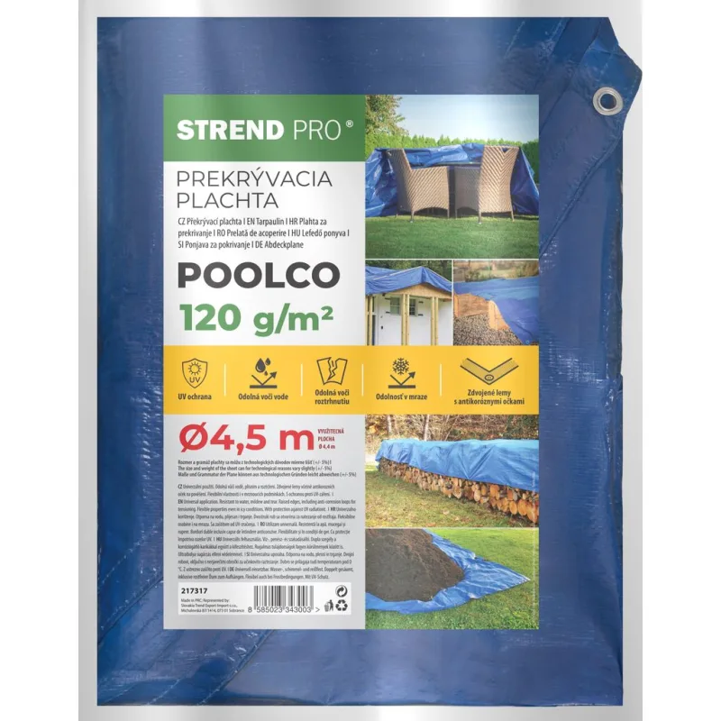 Nepremokavá krycia plachta Tarpaulin Poolco, 4,5 m, 120 g/m², modrá, okrúhla, s okami