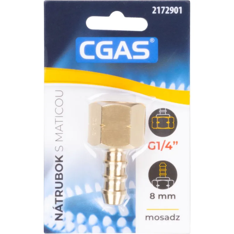 Nátrubok na plyn CGAS, jednocestný, G1/4"-LH, s maticou, 8 mm