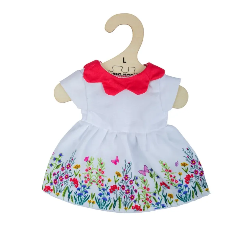 Bigjigs Toys Biele kvetinové šaty s červeným golierom pre bábiku 38 cm