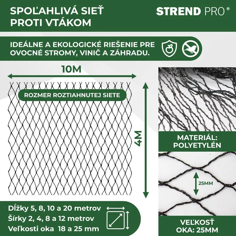 Sieť proti vtákom A1204, 4x10 m, oko 25 mm, PE