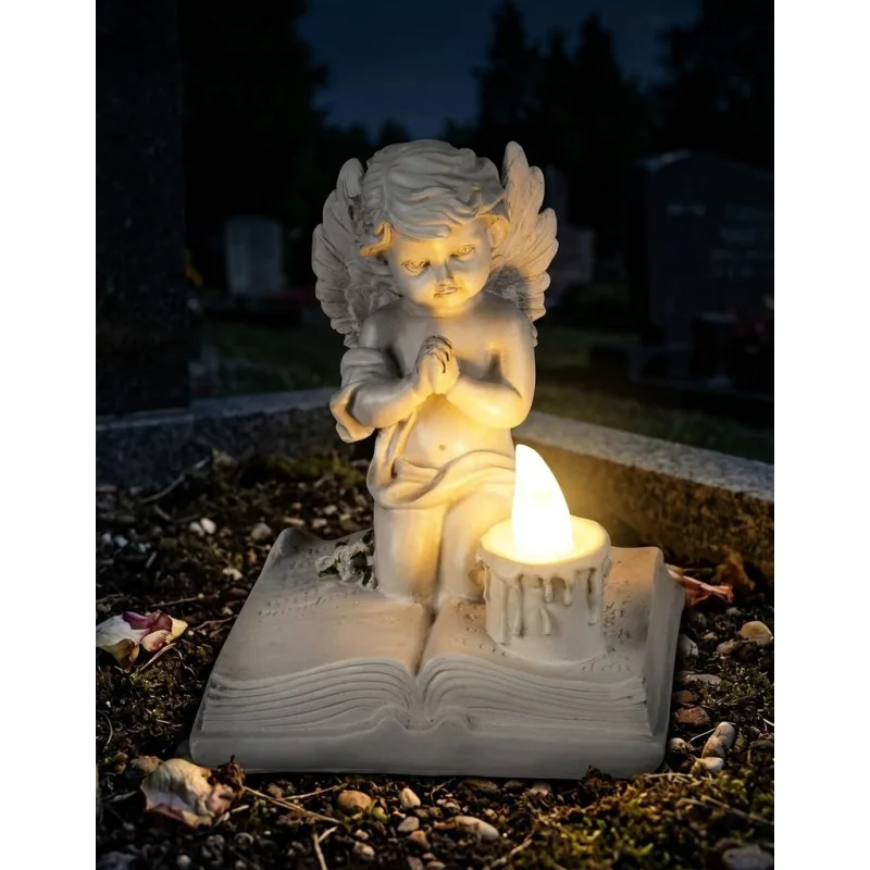 Dekorácia na hrob Modliaci anjelik na knihe, LED, polyresin, 11,5x7,5x13,5 cm