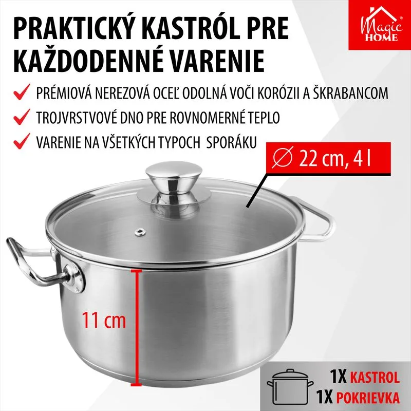 Kastról MagicHome Chloe, hrniec, 22 cm, 4 lit., so sklenenou pokrievkou, nerez