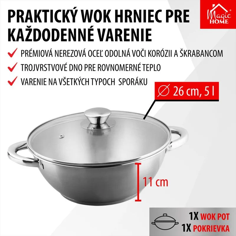 Hrniec Wok MagicHome Chloe, 26 cm, 5 lit., so sklenenou pokrievkou, nerez