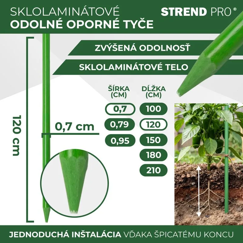 Sklolaminátová zelená oporná tyč, 120 cm, 7.0 mm