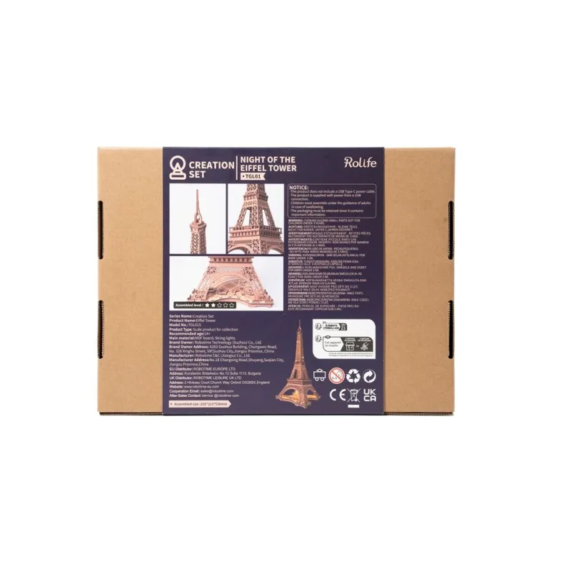 RoboTime 3D Drevené puzzle Rolife Eiffelova veža Night Shining – náhľad 3