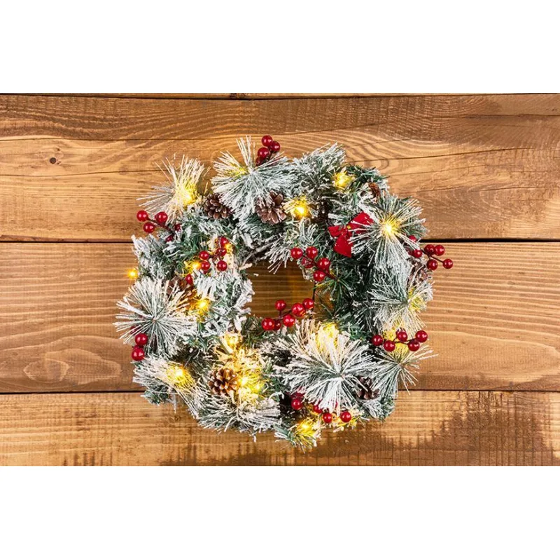 Veniec na dvere MagicHome, prírodný, šišky, 20 LED, 30 cm