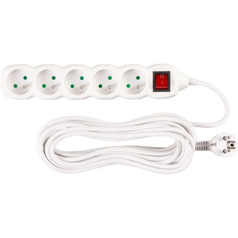 Predlžovací kábel DG-F805BK 7 m, biely, 5 zásuviek + vypínač