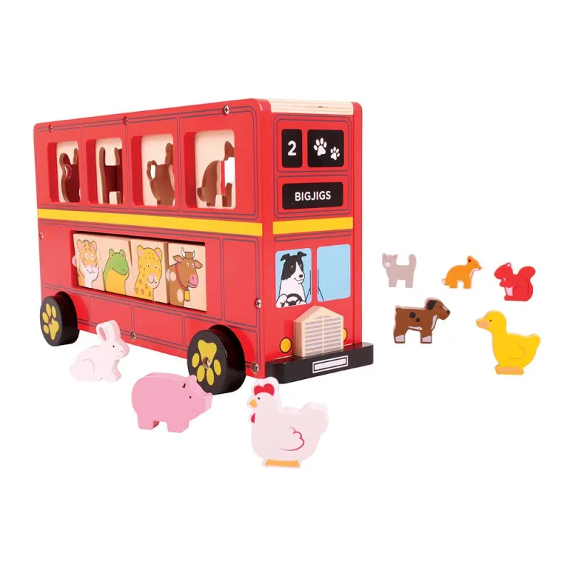Bigjigs Toys Drevený autobus so zvieratkami Vkladanie