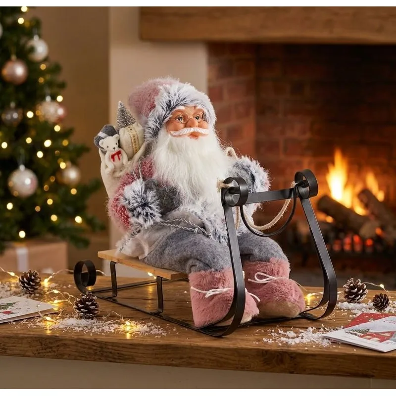 Vianočná dekorácia Santa na sánkach, sivo-ružový, 46 cm