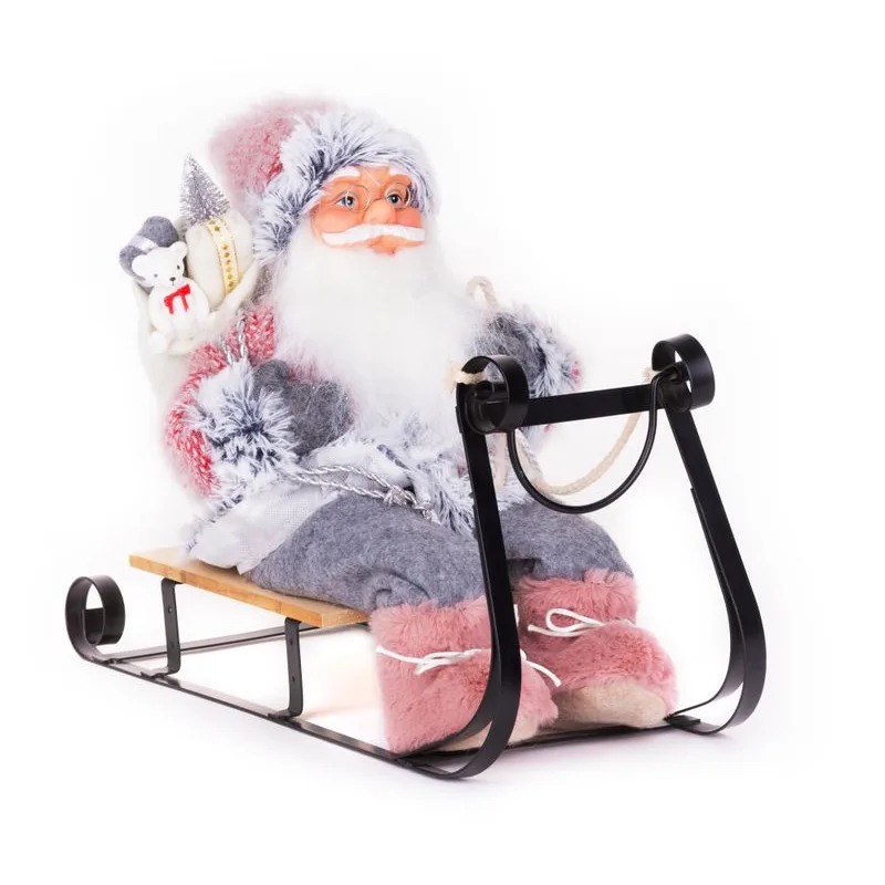 Vianočná dekorácia Santa na sánkach, sivo-ružový, 46 cm