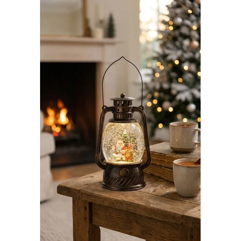 Vianočný lampáš Santa, čierny, 12×10×20,5 cm, 1× LED, 3×AA
