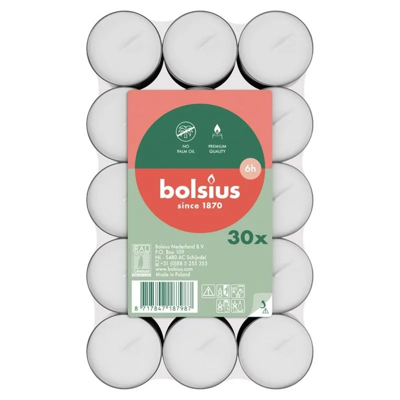 Čajové sviečky Bolsius, 6 hod., biela, bal. 30 ks