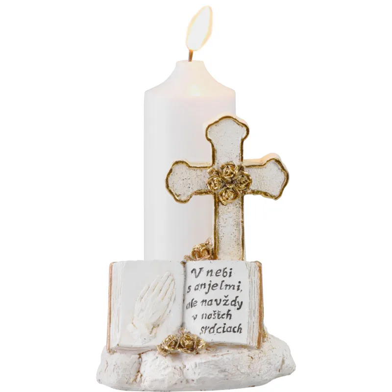 Dekorácia na hrob Kríž so sviečkou, LED, polyresin, 11,5x11,5x18 cm