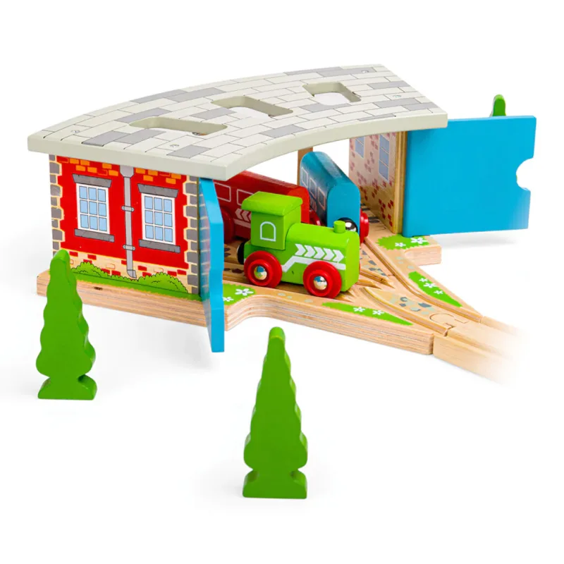 Bigjigs Rail Drevené vláčiky - Trojité depo s vrátami