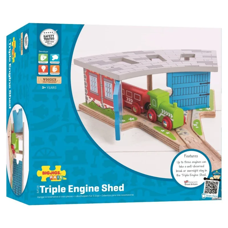 Bigjigs Rail Drevené vláčiky - Trojité depo s vrátami