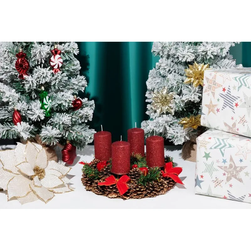 Adventné sviečky MagicHome, 4,8×8 cm, červené, trblietavé, sada 4 ks