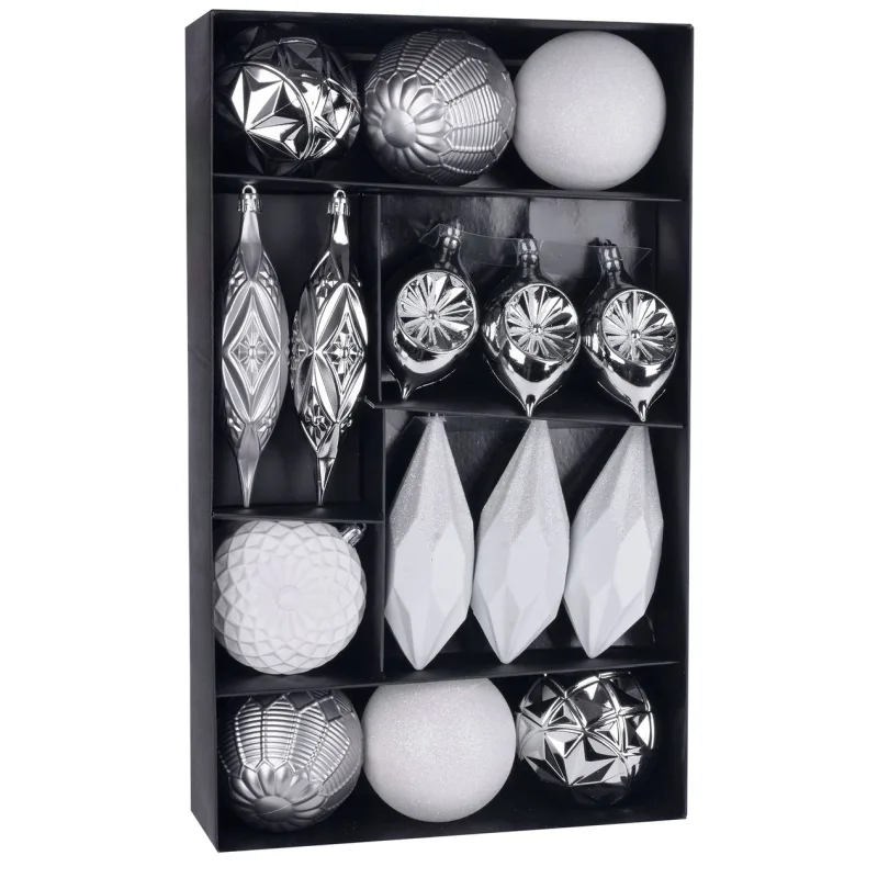 Vianočné ozdoby na stromček set, 16 ks, bielo-strieborné, 8-15 cm