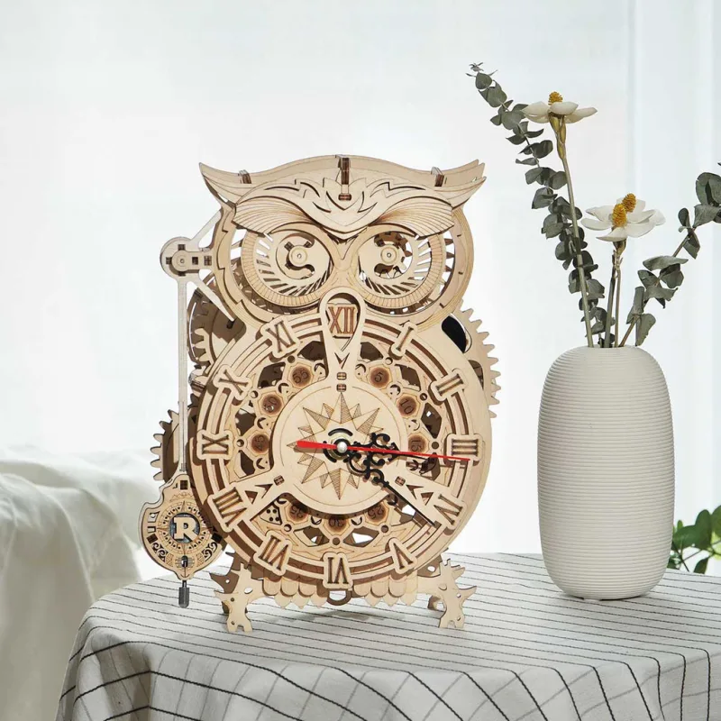 RoboTime Drevené 3D mechanické puzzle Sovie hodiny 161 ks