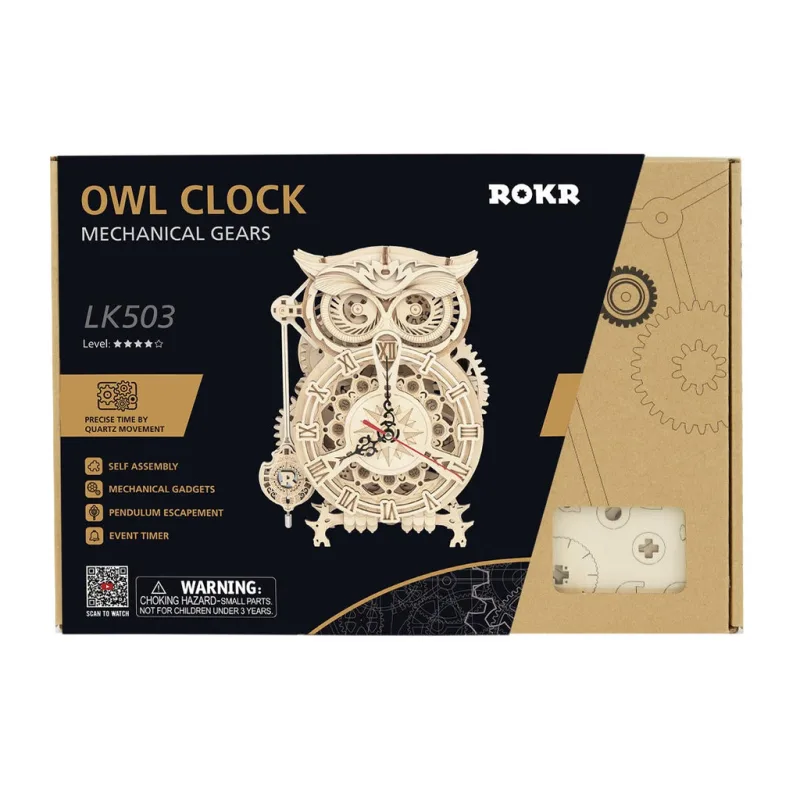 RoboTime Drevené 3D mechanické puzzle Sovie hodiny 161 ks