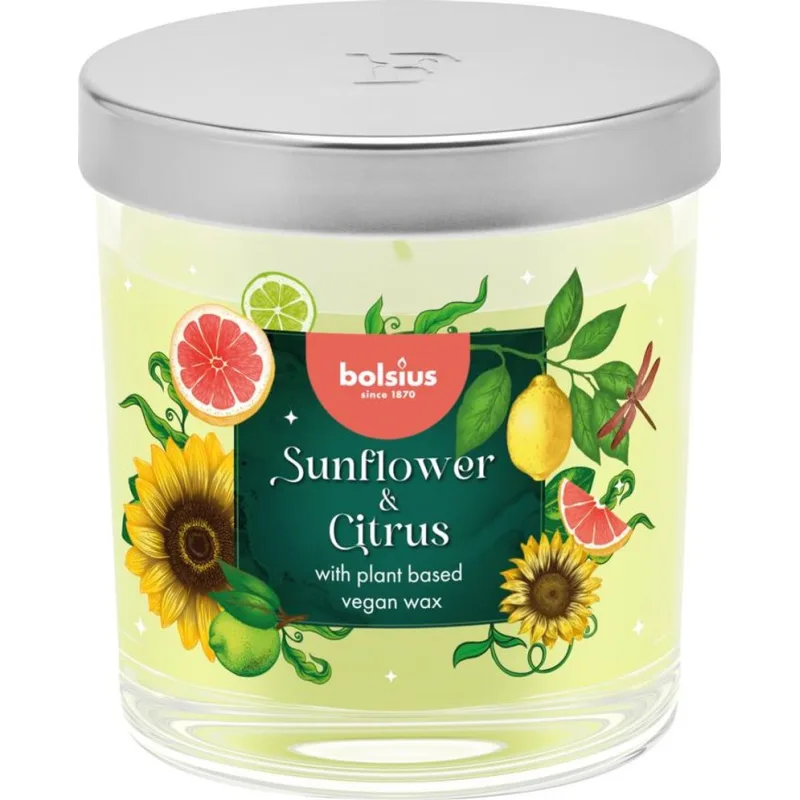 Vonná sviečka Bolsius Floral Fusion, slnečnica a citrus, 80/72 mm, v skle