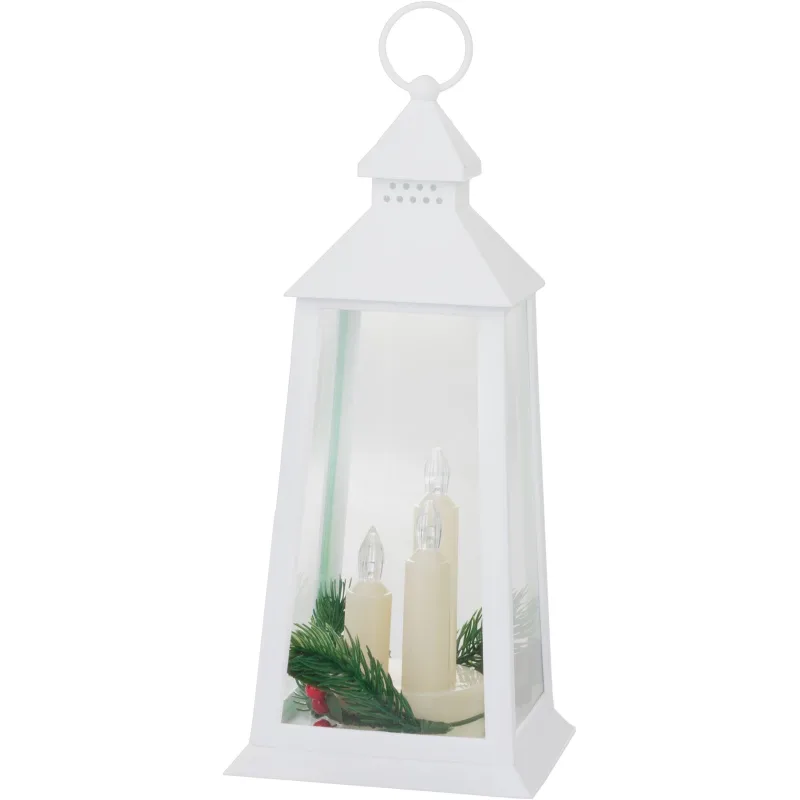 Vianočný lampáš plast, biely, 3xLED žltá, 14x14x35 cm, 3xAAA
