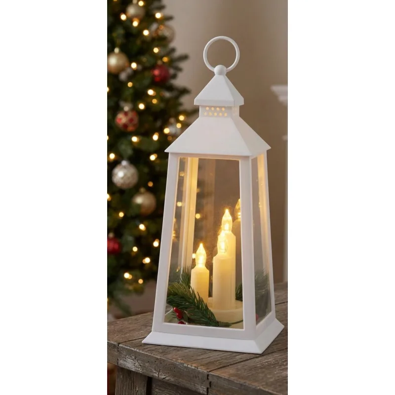 Vianočný lampáš plast, biely, 3xLED žltá, 14x14x35 cm, 3xAAA