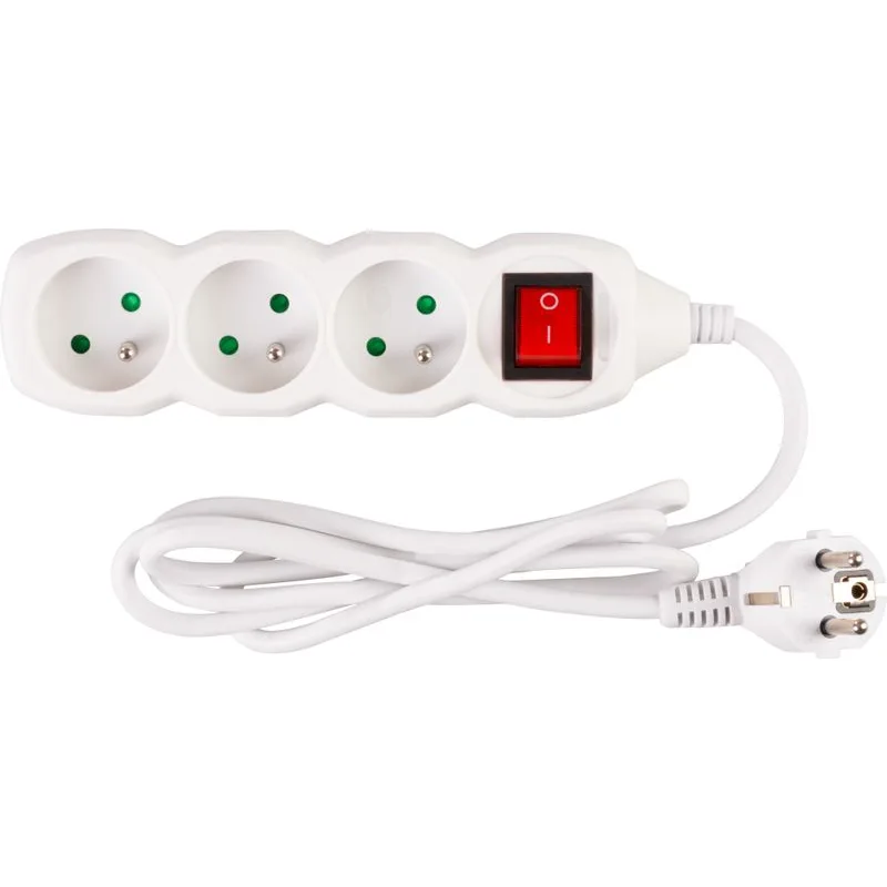 Predlžovací kábel DG-F803BK 1,5 m, biely, 3 zásuvky + vypínač