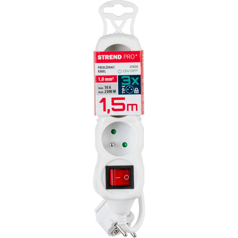 Predlžovací kábel DG-F803BK 1,5 m, biely, 3 zásuvky + vypínač
