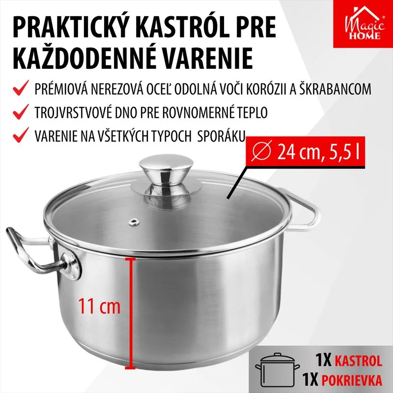 Kastról MagicHome Chloe, hrniec, 24 cm, 5,5 lit., so sklenenou pokrievkou, nerez