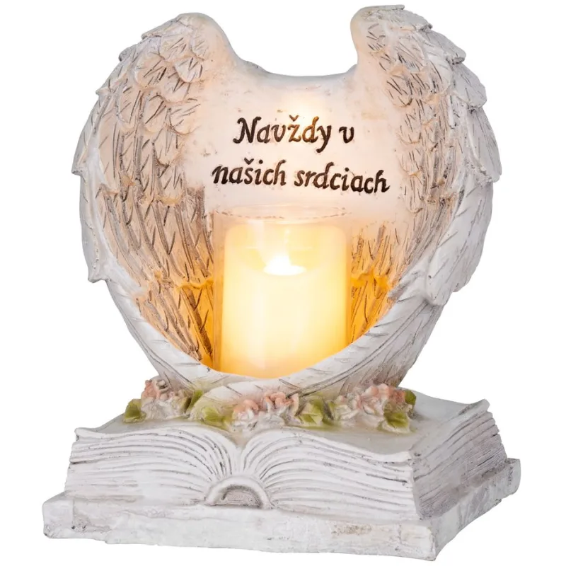 Dekorácia Anjelské krídla na knihe, sviečka LED, 18x13,5x20 cm