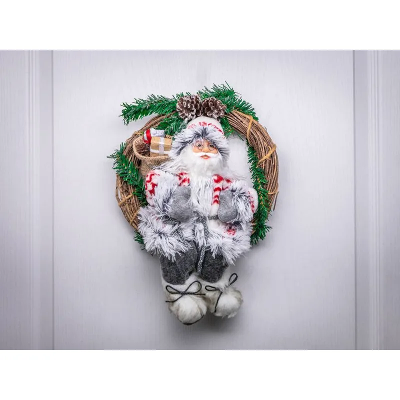 Vianočná dekorácia Santa sediaci vo venci, 30 cm