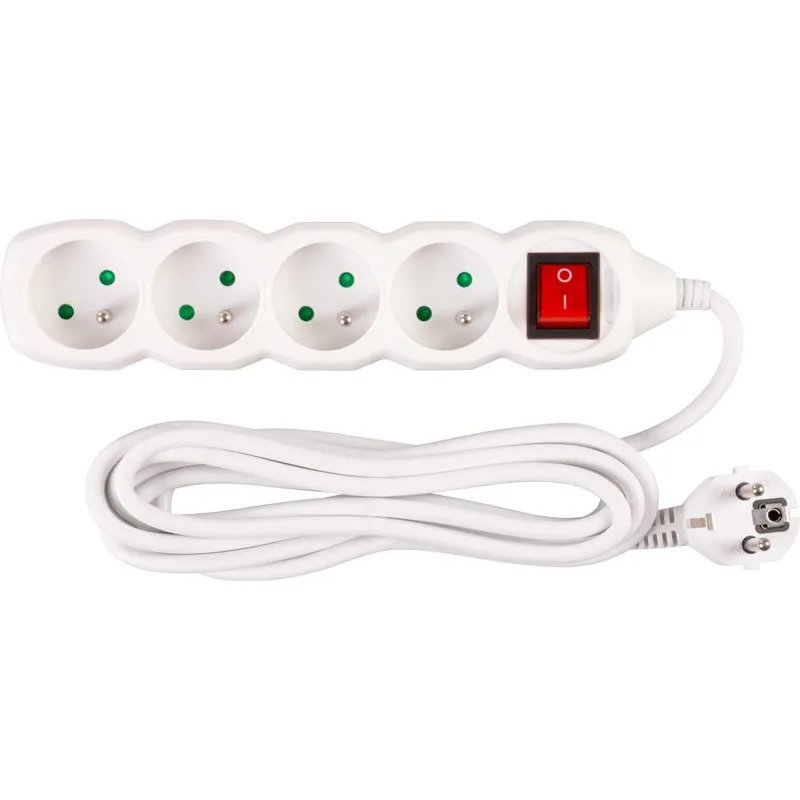 Predlžovací kábel DG-F804BK 3 m, biely, 4 zásuvky + vypínač