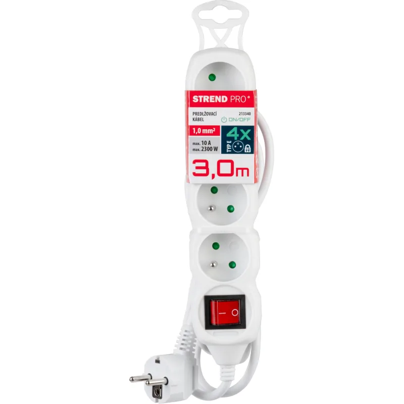 Predlžovací kábel DG-F804BK 3 m, biely, 4 zásuvky + vypínač