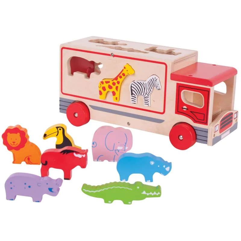 Bigjigs Toys Vkladanie Drevené auto so Safari zvieratkami