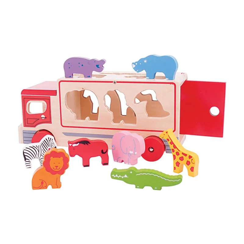 Bigjigs Toys Vkladanie Drevené auto so Safari zvieratkami