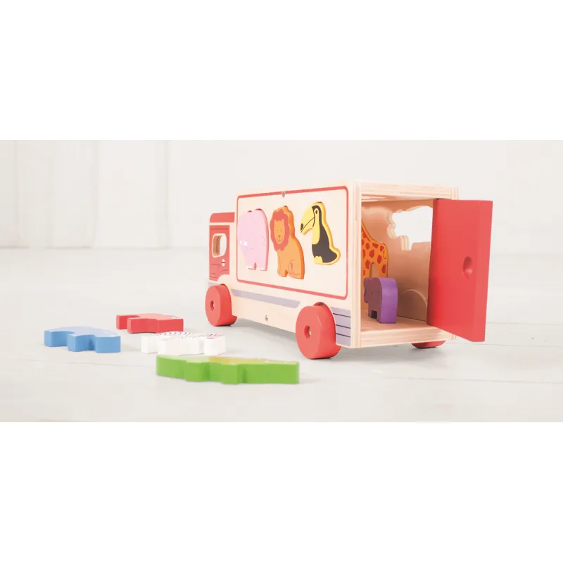 Bigjigs Toys Vkladanie Drevené auto so Safari zvieratkami