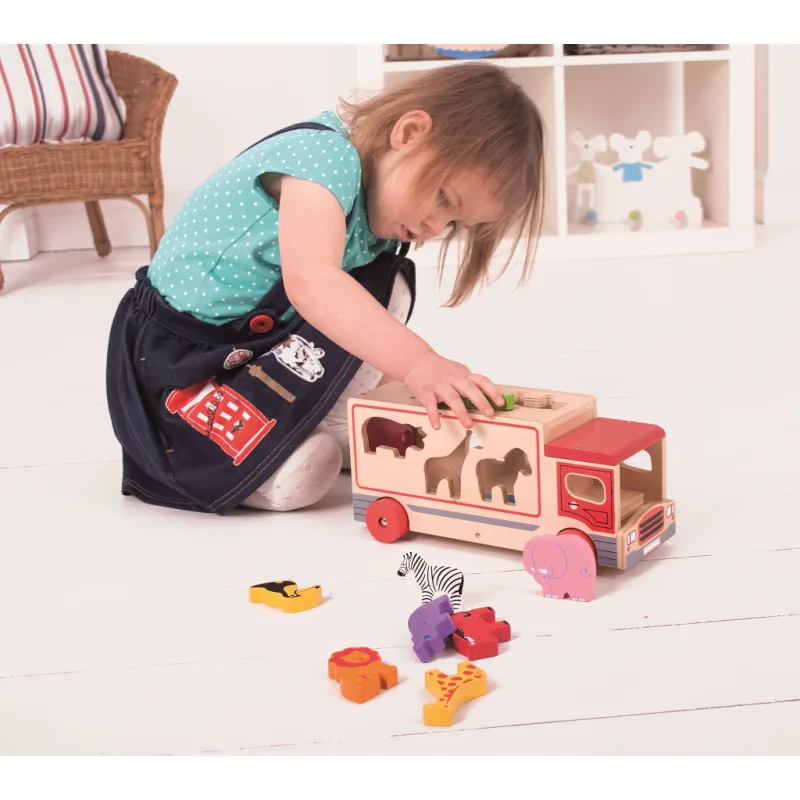 Bigjigs Toys Vkladanie Drevené auto so Safari zvieratkami