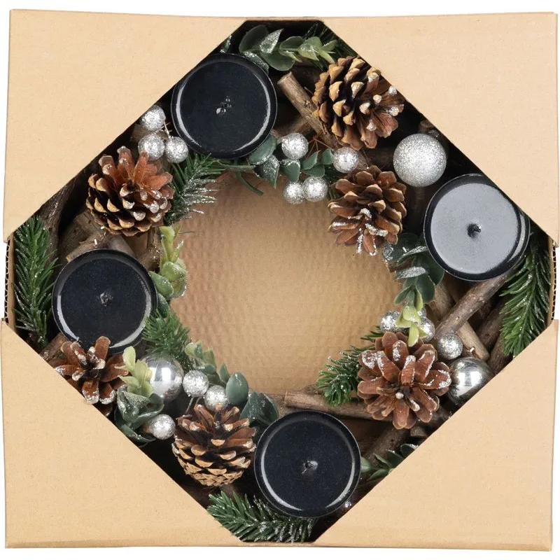 Adventný veniec MagicHome Vianoce, drevený, strieborný, 30x30x7 cm