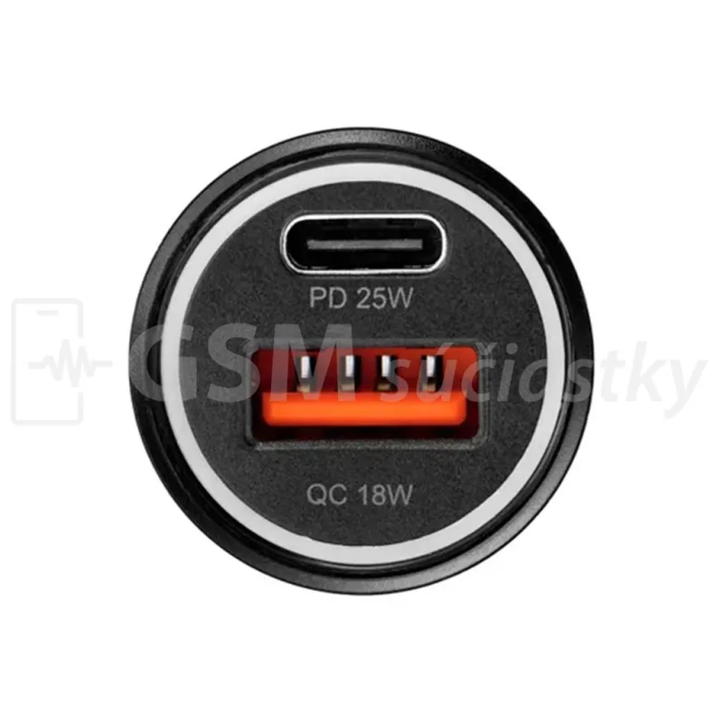Autonabíjačka 1x USB-C, 1x USB-A, 25W, QC 3.0, čierny