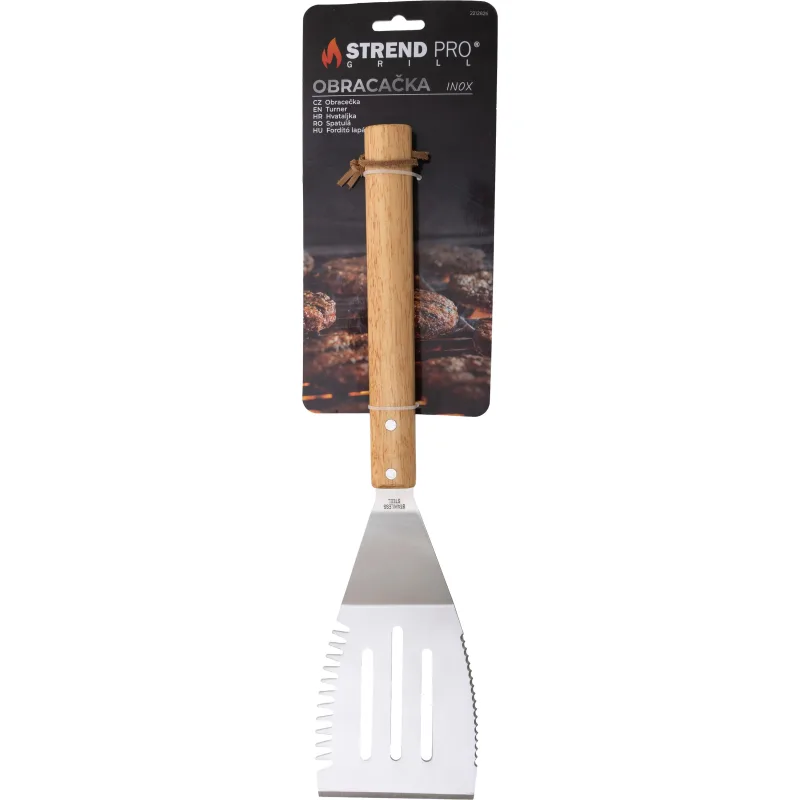 Obracač na grilovanie, nerez, s pogumovanou drevenou rúčkou, 41 cm