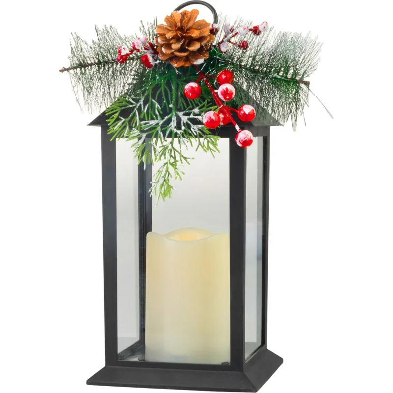 Vianočný lampáš plast, čierny, 1xLED žltá, 14x14x32.2 cm, 3xAAA