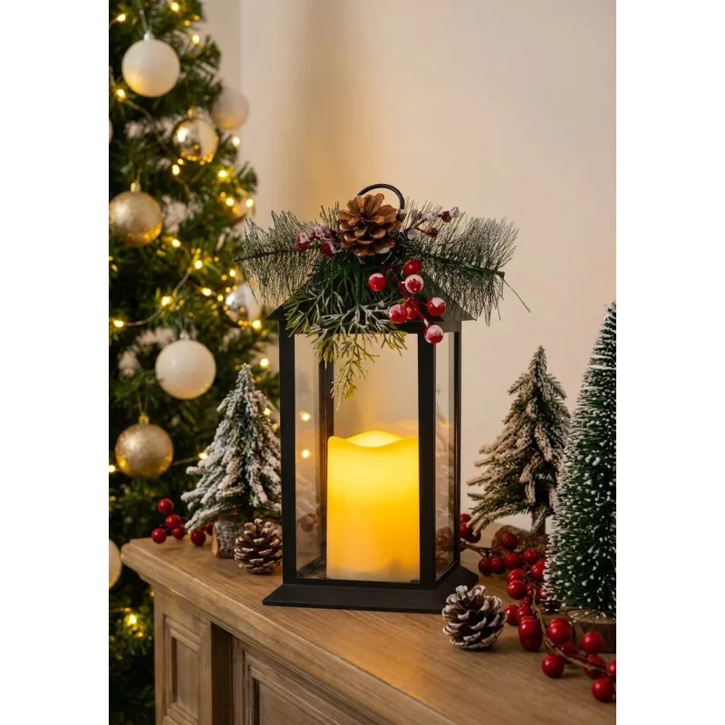 Vianočný lampáš plast, čierny, 1xLED žltá, 14x14x32.2 cm, 3xAAA
