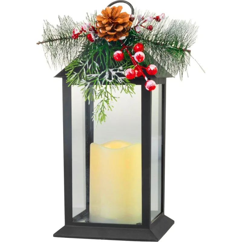 Vianočný lampáš plast, čierny, 1xLED žltá, 14x14x32.2 cm, 3xAAA