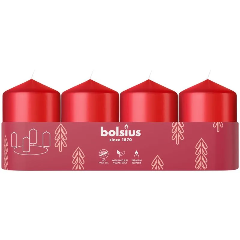 Sviečky Bolsius Pillar Advent, červené, 60×40 mm, bal. 4 ks
